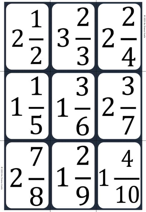 Mixed Numbers & Improper Fractions Bundle: Playing cards, 6 sheets, 54 cards