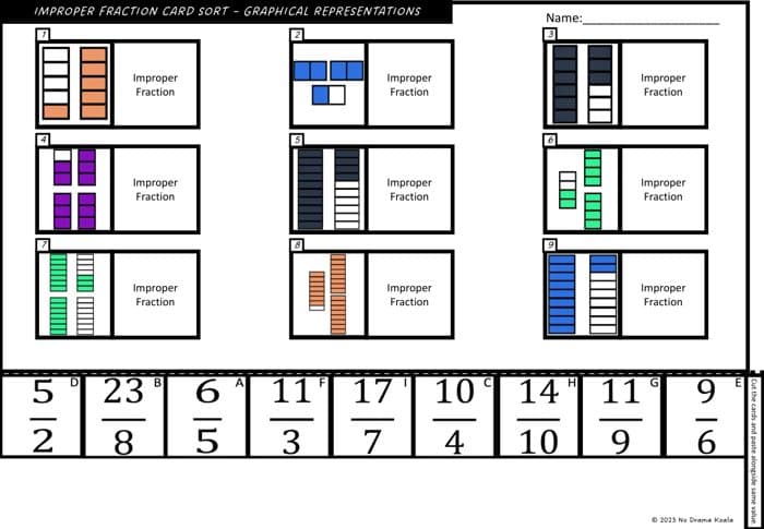 Mixed Numbers & Improper Fractions Bundle: Improper fractions cut & paste, 4 worksheets + answers