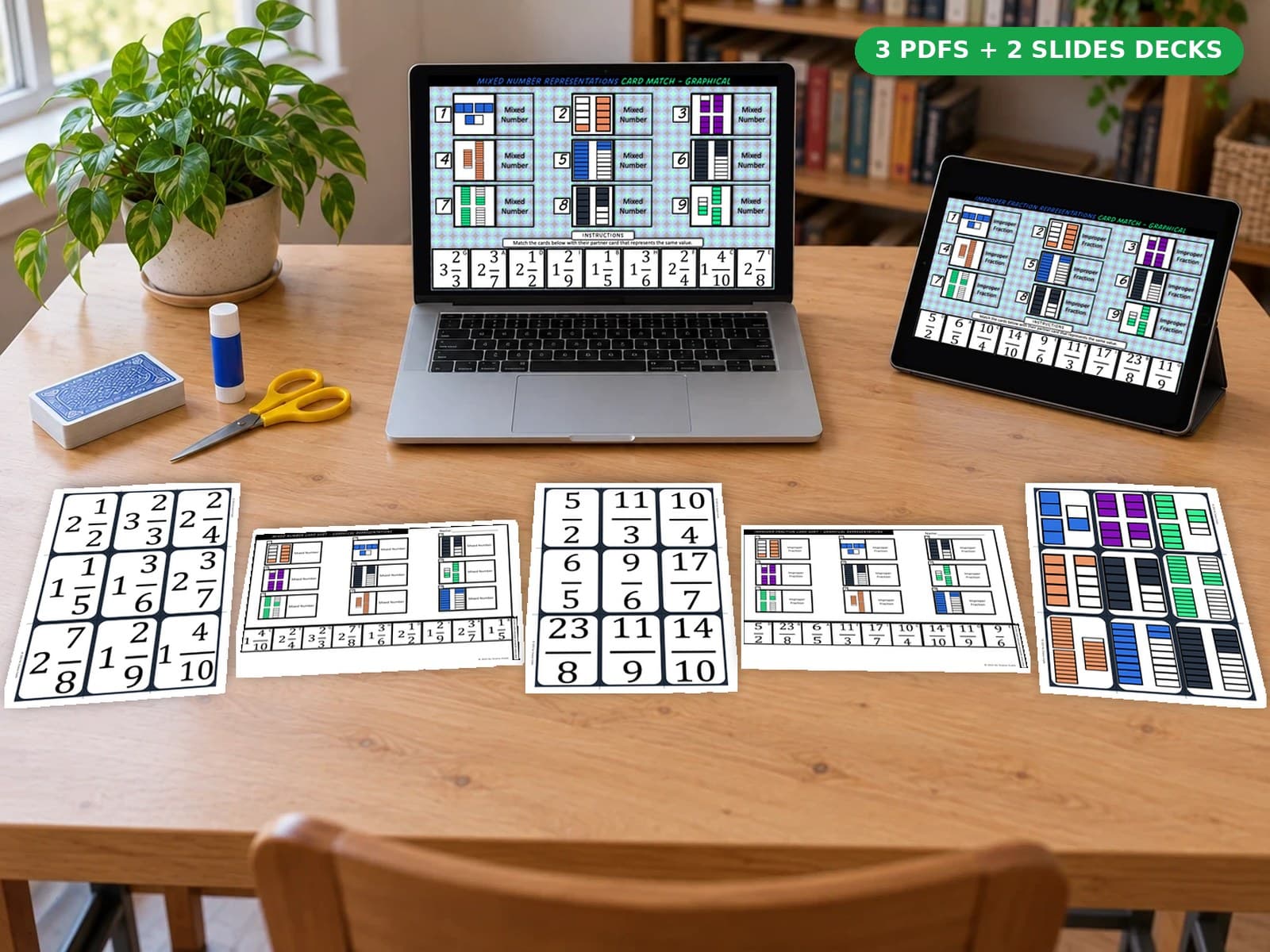 Mixed Numbers & Improper Bundle, the whole bundle on a desk