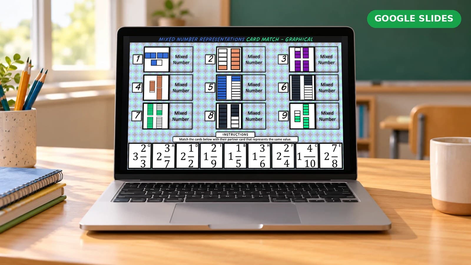 Mixed Numbers & Improper Fractions Bundle Google Slides on a laptop