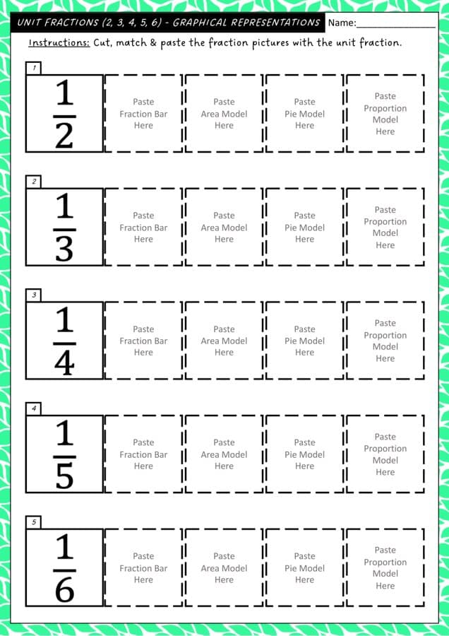 Unit Fractions - Cut & Paste Worksheet (Graphical), first page