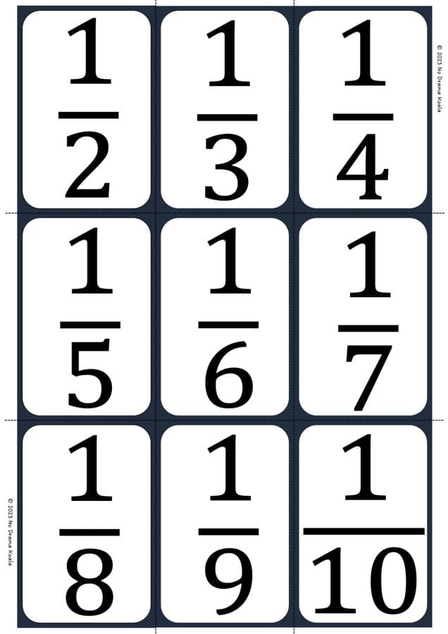 Unit Fractions Playing Cards - 18 Representations, first page