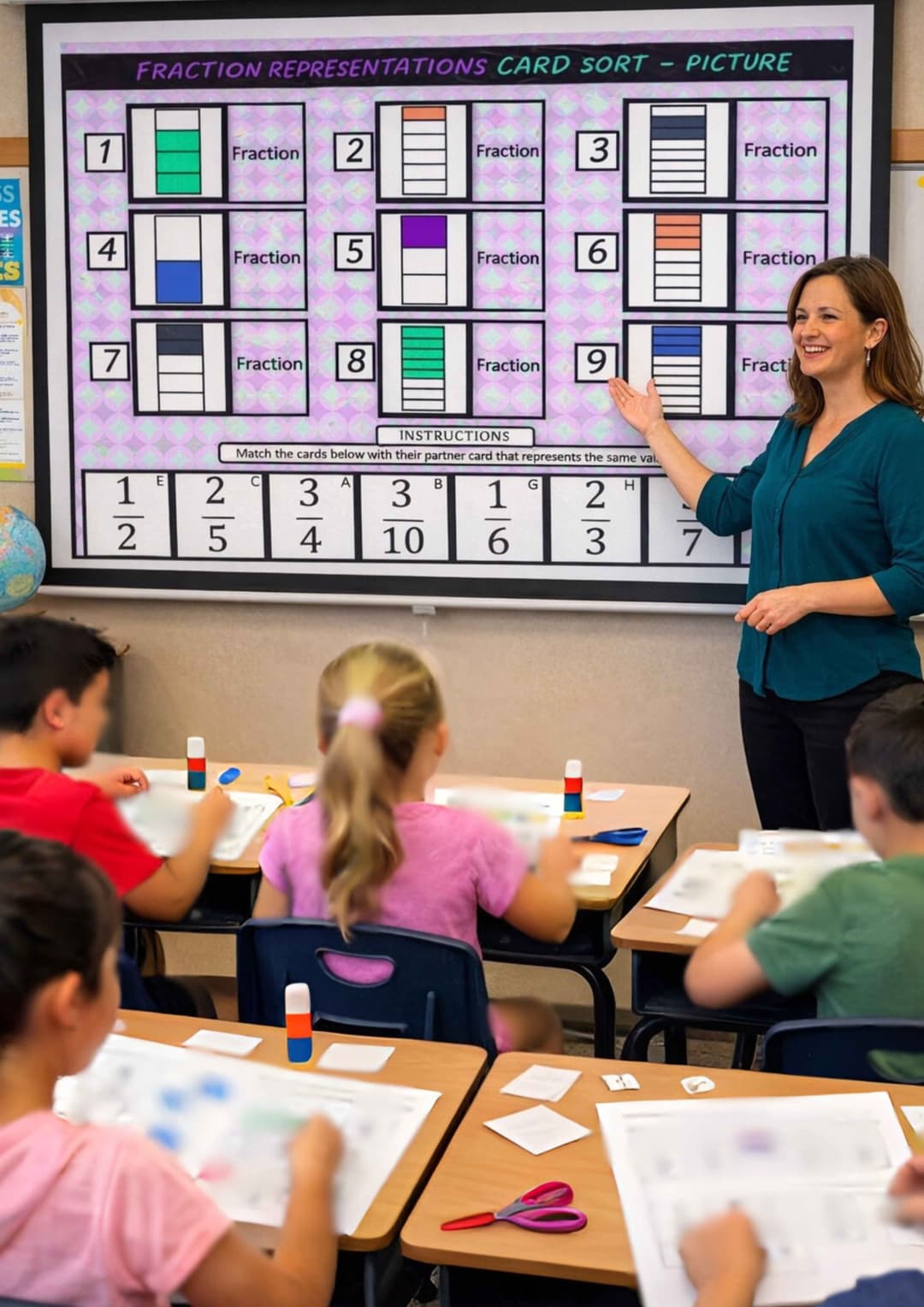 Teacher presenting fraction drag and drop on the whiteboard