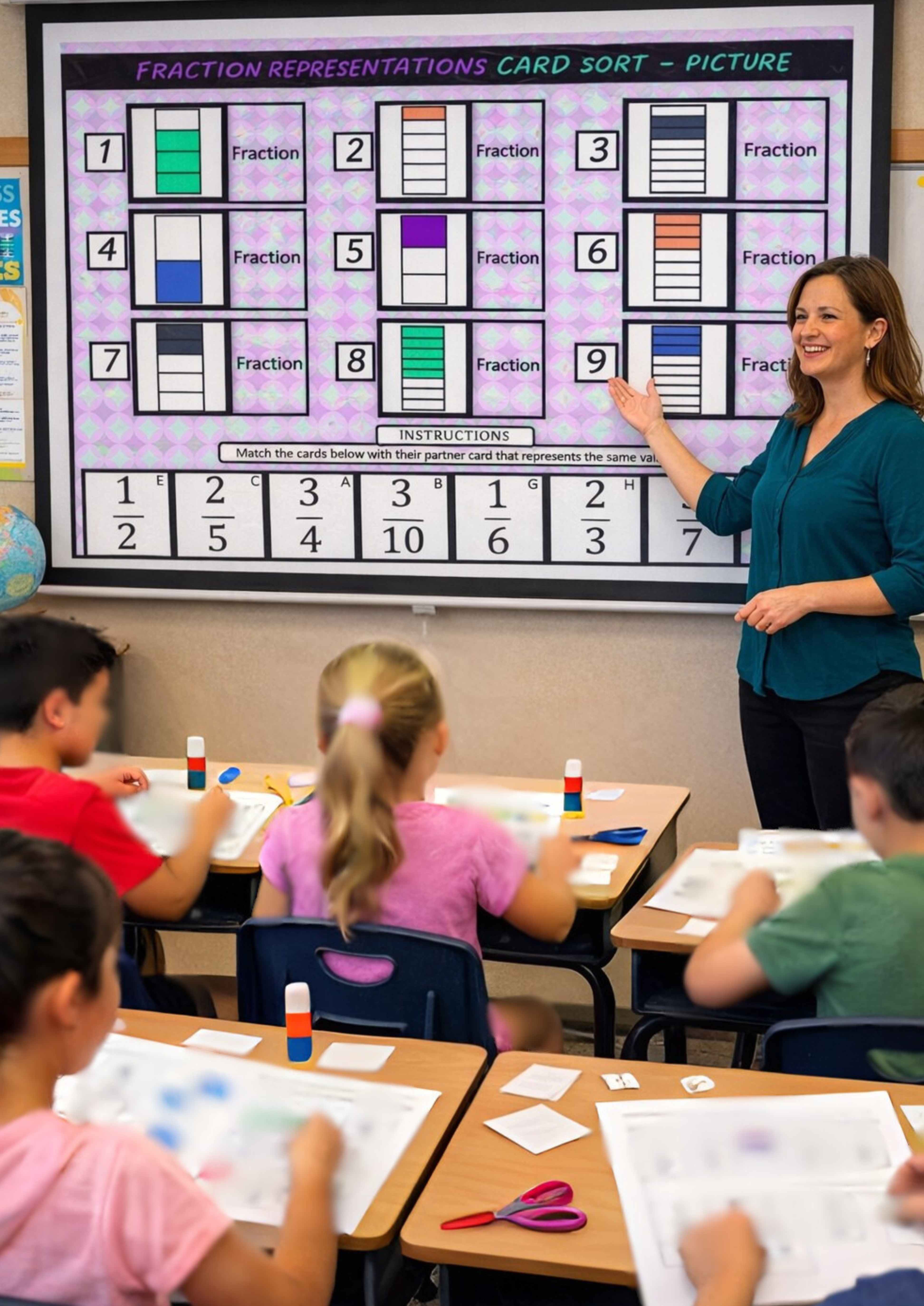 Teacher presenting fraction drag and drop on the whiteboard