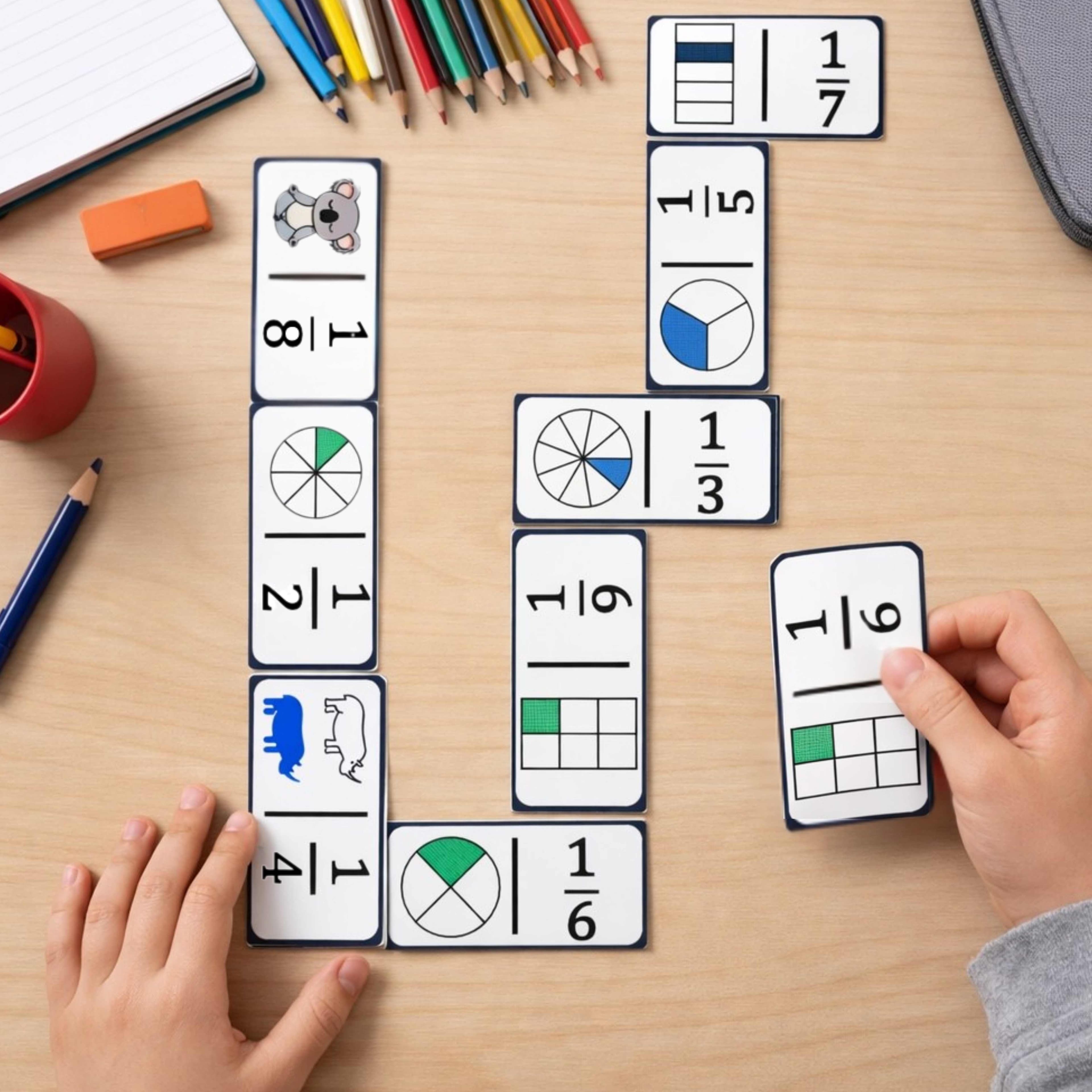 Student arranging fraction domino cards