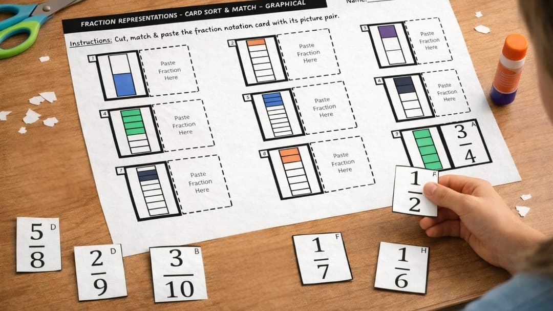 Student matching fraction cards to graphical area models